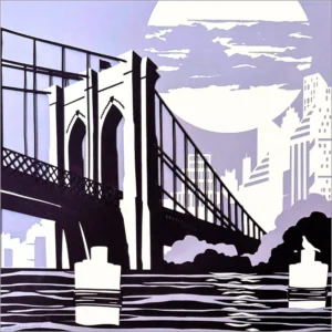 This stylized artwork depicts the Brooklyn Bridge spanning the East River under a large, cloud-obscured moon. In the foreground, two cylindrical pilings with white bands rise from the water. The cityscape of New York City is visible in the background, rendered in minimalist white silhouettes. The use of purple and white creates a striking, graphic contrast.
