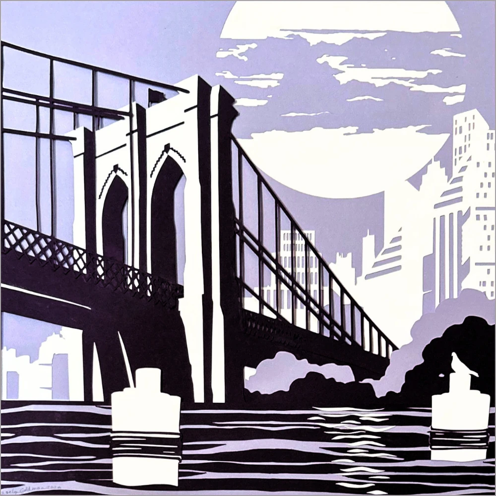 This stylized artwork depicts the Brooklyn Bridge spanning the East River under a large, cloud-obscured moon. In the foreground, two cylindrical pilings with white bands rise from the water. The cityscape of New York City is visible in the background, rendered in minimalist white silhouettes. The use of purple and white creates a striking, graphic contrast.