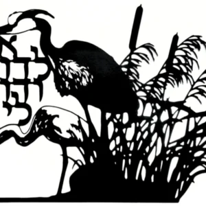 Black papercut artwork depicting two herons in a marsh setting with cattails and reeds. The artwork includes Hebrew text and is set against a white background. The herons are in silhouette.