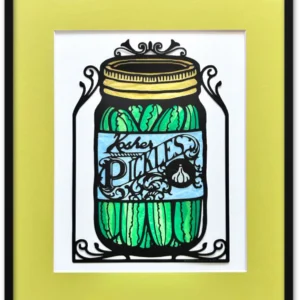 Papercut pickle jar with inlaid color, chartreuse mat and black frame