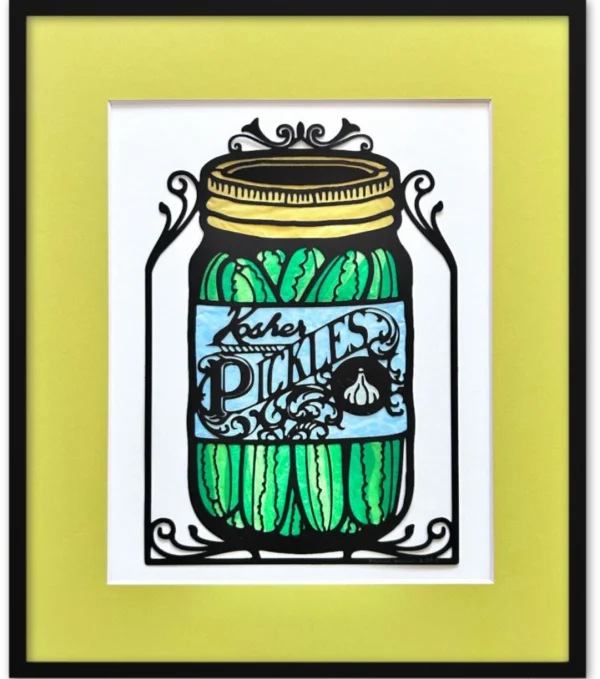 Papercut pickle jar with inlaid color, chartreuse mat and black frame
