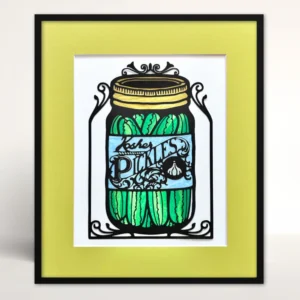 Papercut pickle jar with inlaid color, chartreuse mat and black frame