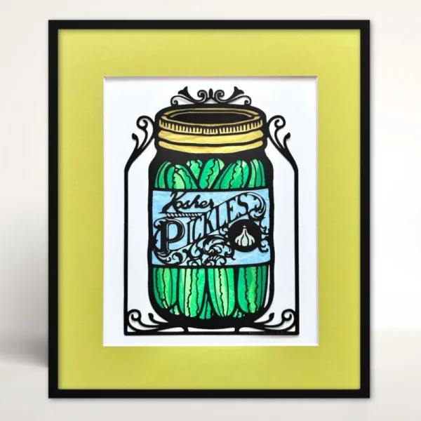 Papercut pickle jar with inlaid color, chartreuse mat and black frame
