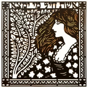 A woman of valor / Eshet Chayil. Framed artwork depicting a stylized woman with long hair surrounded by leaves, rendered in a black and white intricate cut-out pattern, hanging on a white wall. Gold paint embellishes her hair from beneath the papercut