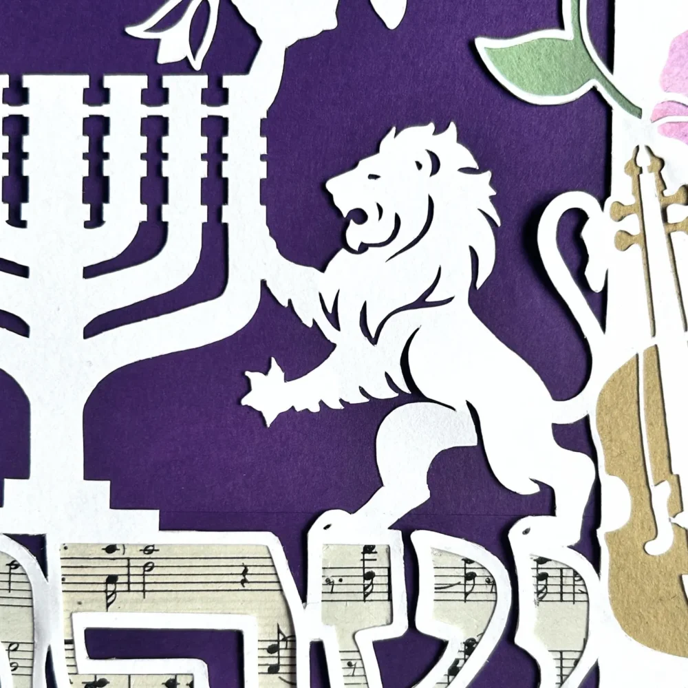 A close up of deeply personal custom commission with a lion of Judah protecting the menorah