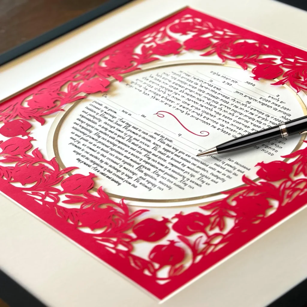 red pomegranate papercut surrounds the ketubah text