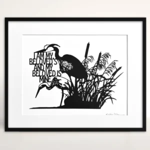 Black papercut artwork depicting two herons in a marsh setting with cattails and reeds. The artwork includes English text and is set against a white background. The herons are in silhouette.