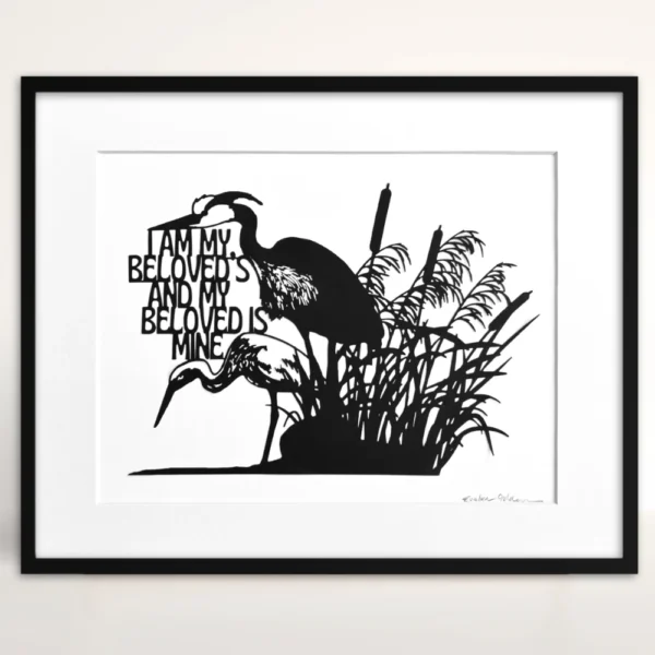 Black papercut artwork depicting two herons in a marsh setting with cattails and reeds. The artwork includes English text and is set against a white background. The herons are in silhouette.