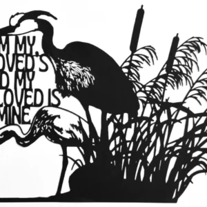 Black papercut artwork depicting two herons in a marsh setting with cattails and reeds. The artwork includes English text and is set against a white background. The herons are in silhouette.