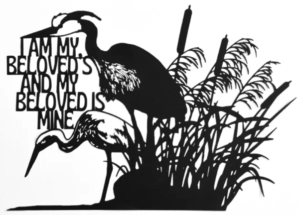 Black papercut artwork depicting two herons in a marsh setting with cattails and reeds. The artwork includes English text and is set against a white background. The herons are in silhouette.