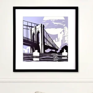 This stylized artwork depicts the Brooklyn Bridge spanning the East River under a large, cloud-obscured moon. In the foreground, two cylindrical pilings with white bands rise from the water. The cityscape of New York City is visible in the background, rendered in minimalist white silhouettes. The use of purple and white creates a striking, graphic contrast.