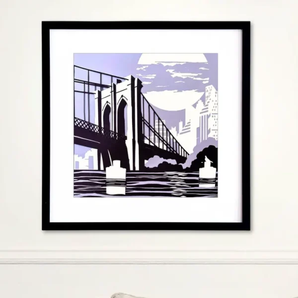 This stylized artwork depicts the Brooklyn Bridge spanning the East River under a large, cloud-obscured moon. In the foreground, two cylindrical pilings with white bands rise from the water. The cityscape of New York City is visible in the background, rendered in minimalist white silhouettes. The use of purple and white creates a striking, graphic contrast.