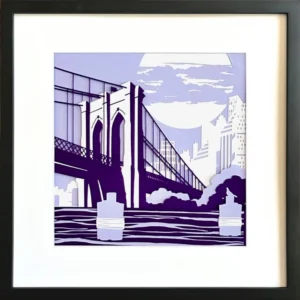 This stylized artwork depicts the Brooklyn Bridge spanning the East River under a large, cloud-obscured moon. In the foreground, two cylindrical pilings with white bands rise from the water. The cityscape of New York City is visible in the background, rendered in minimalist white silhouettes. The use of purple and white creates a striking, graphic contrast.
