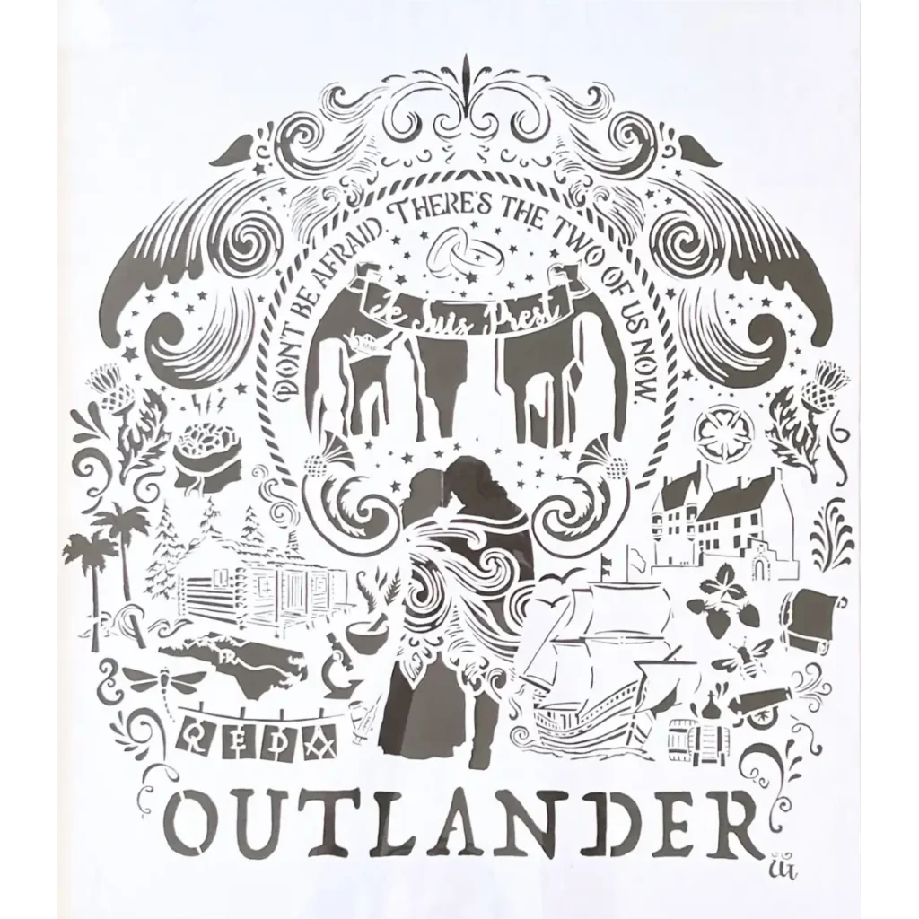 Outlander-inspired papercut with a variety of book and tv series motifs