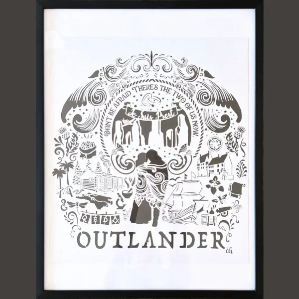 Outlander-inspired papercut with a variety of book and tv series motifs