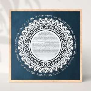 Framed intricate circular contemporary mandala cut-out design featuring personalized ketubah text in the center. Surrounded by decorative patterns and Hebrew script from Song of Songs, set against a deep blue background.