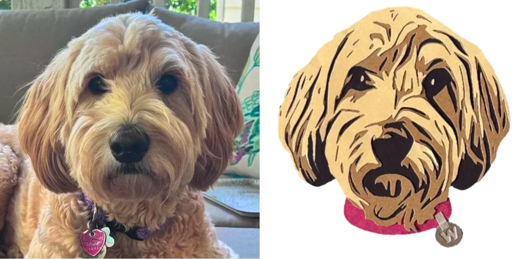 Custom Pet Portrait - Original dog photograph on the left and the layered papercut version of the dog on the right