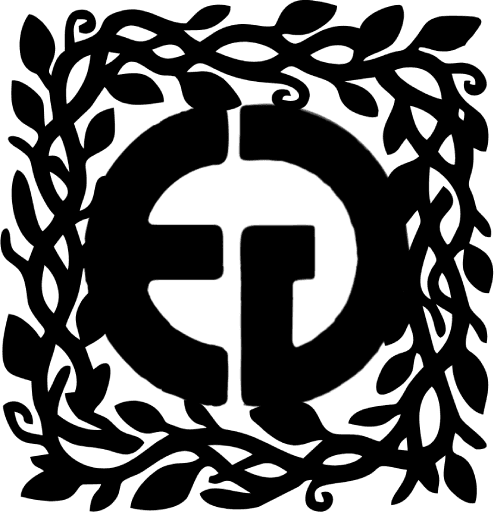 An E faces a backward G like a mirror image surrounded by papercut vines in a square shape.