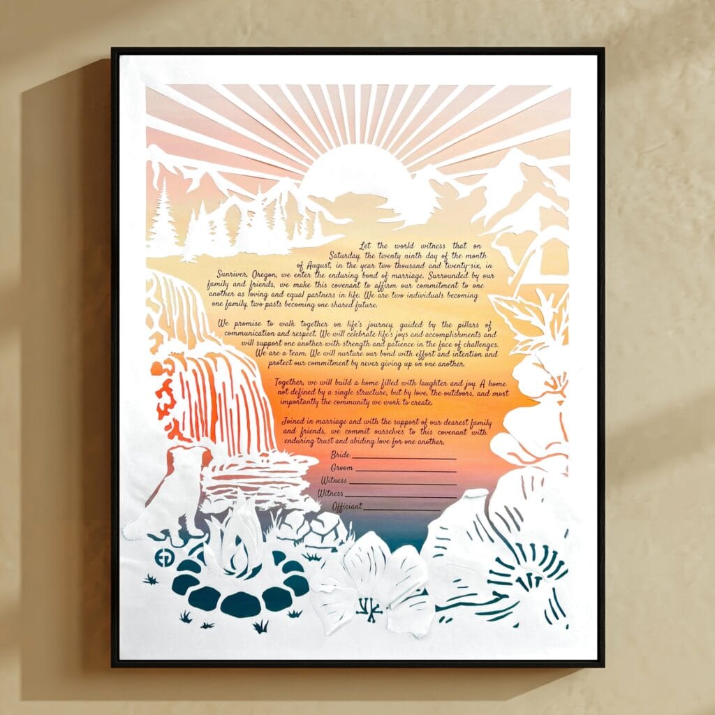 Handcut papercut hiking ketubah with dog by campfire, waterfall, mountains, sunrise tent and poppy flowers over orange watercolor text
