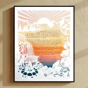 Handcut papercut hiking ketubah with dog by campfire, waterfall, mountains, sunrise tent and poppy flowers over orange watercolor text